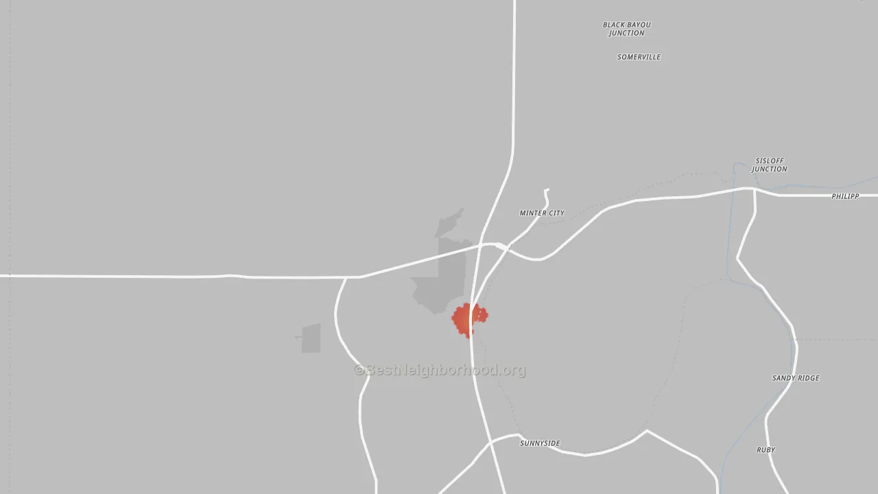 Walk Grade map of 38944, MS, walkable areas in green and car-dependent areas in red