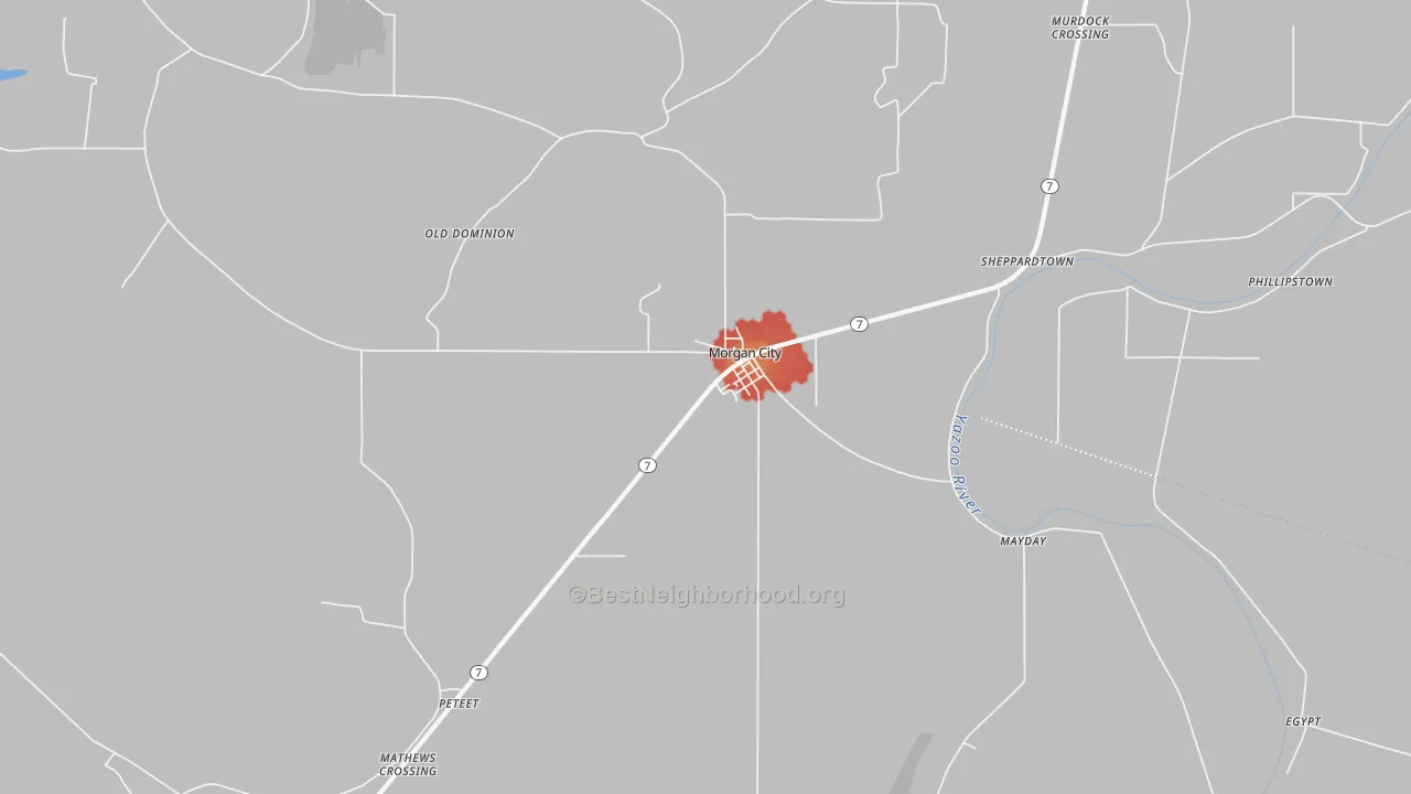 Walk Grade map of 38946, MS, walkable areas in green and car-dependent areas in red