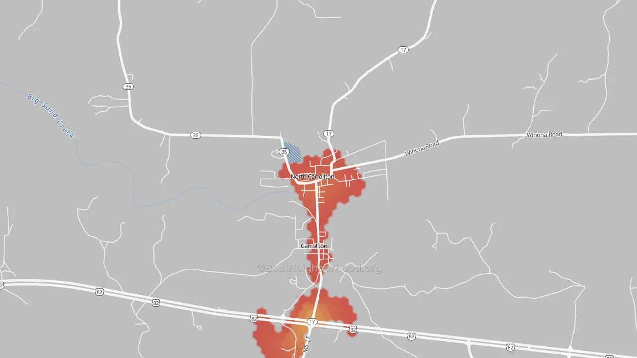 Walk Grade map of 38947, MS, walkable areas in green and car-dependent areas in red