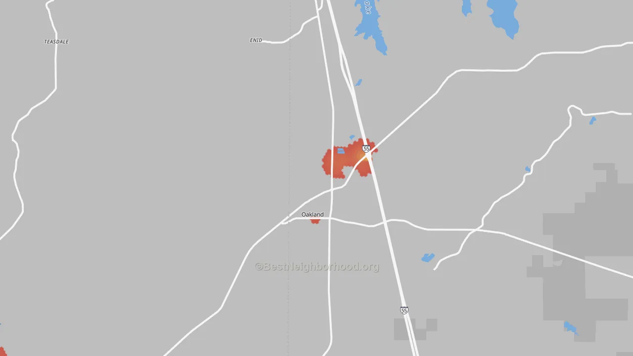 Walk Grade map of 38948, MS, walkable areas in green and car-dependent areas in red