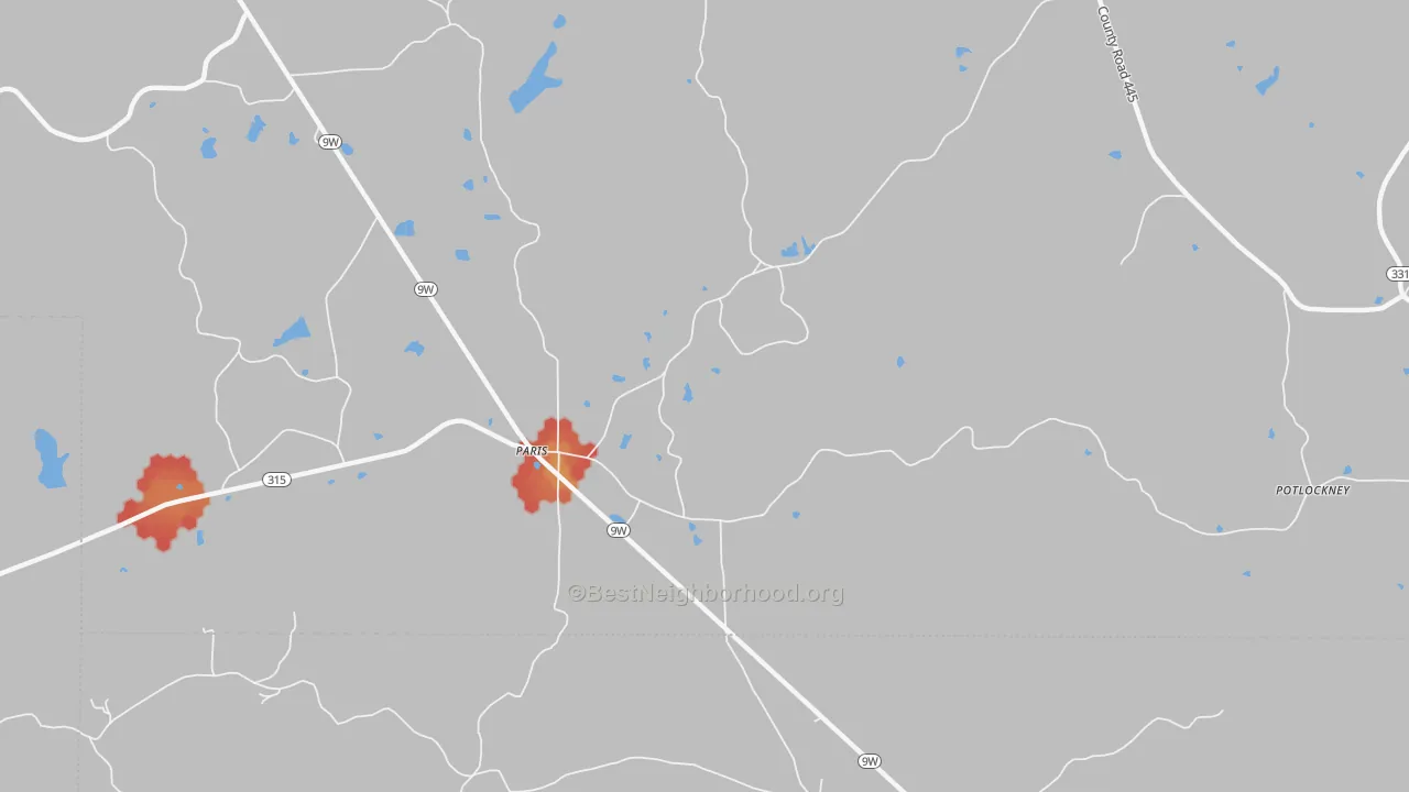 Walk Grade map of 38949, MS, walkable areas in green and car-dependent areas in red