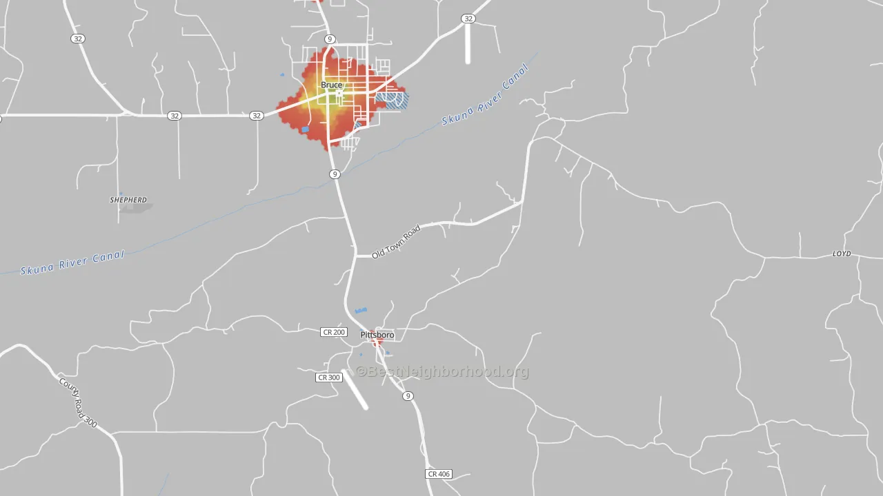 Walk Grade map of 38951, MS, walkable areas in green and car-dependent areas in red