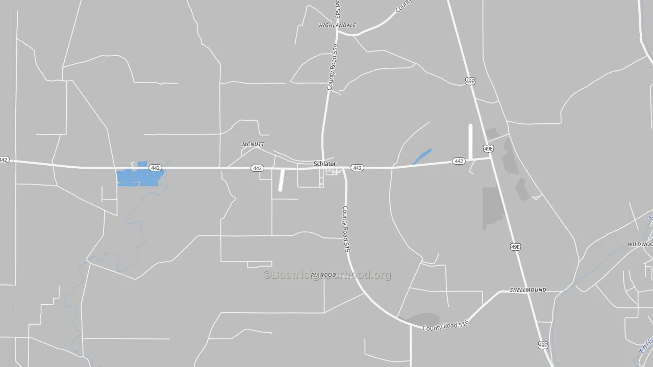Walk Grade map of 38952, MS, walkable areas in green and car-dependent areas in red