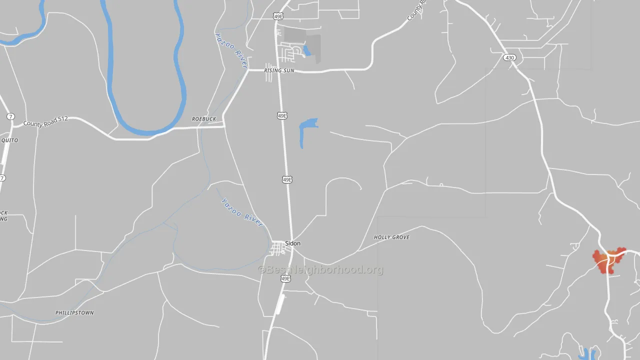 Walk Grade map of 38954, MS, walkable areas in green and car-dependent areas in red