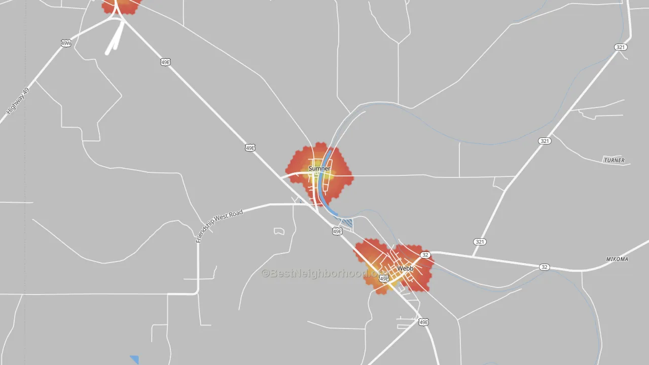 Walk Grade map of 38957, MS, walkable areas in green and car-dependent areas in red
