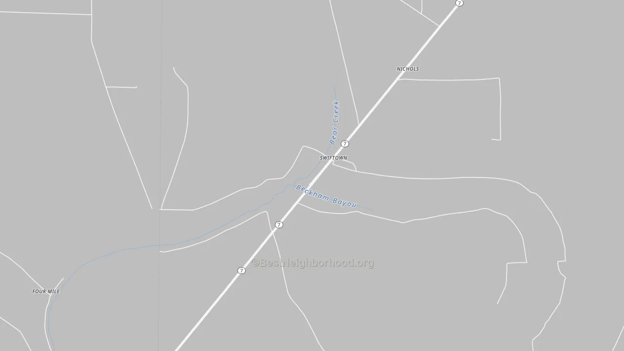 Walk Grade map of 38958, MS, walkable areas in green and car-dependent areas in red