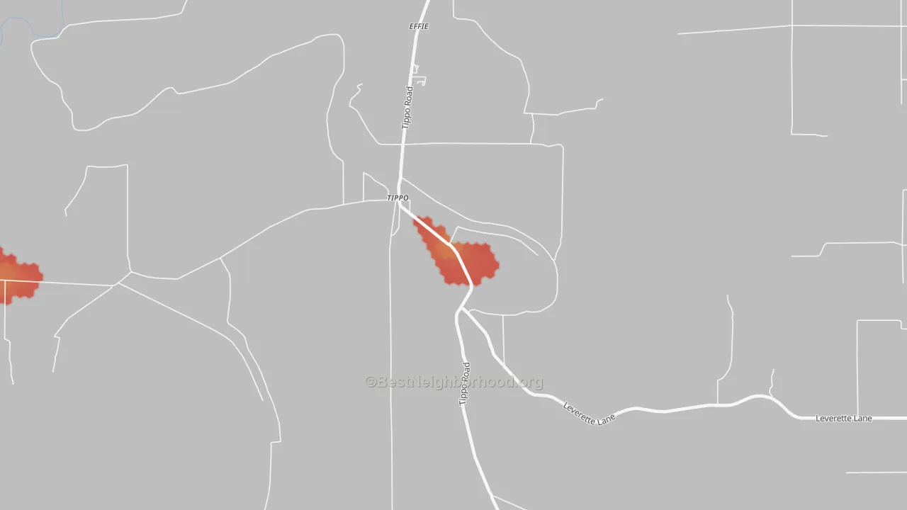 Walk Grade map of 38962, MS, walkable areas in green and car-dependent areas in red