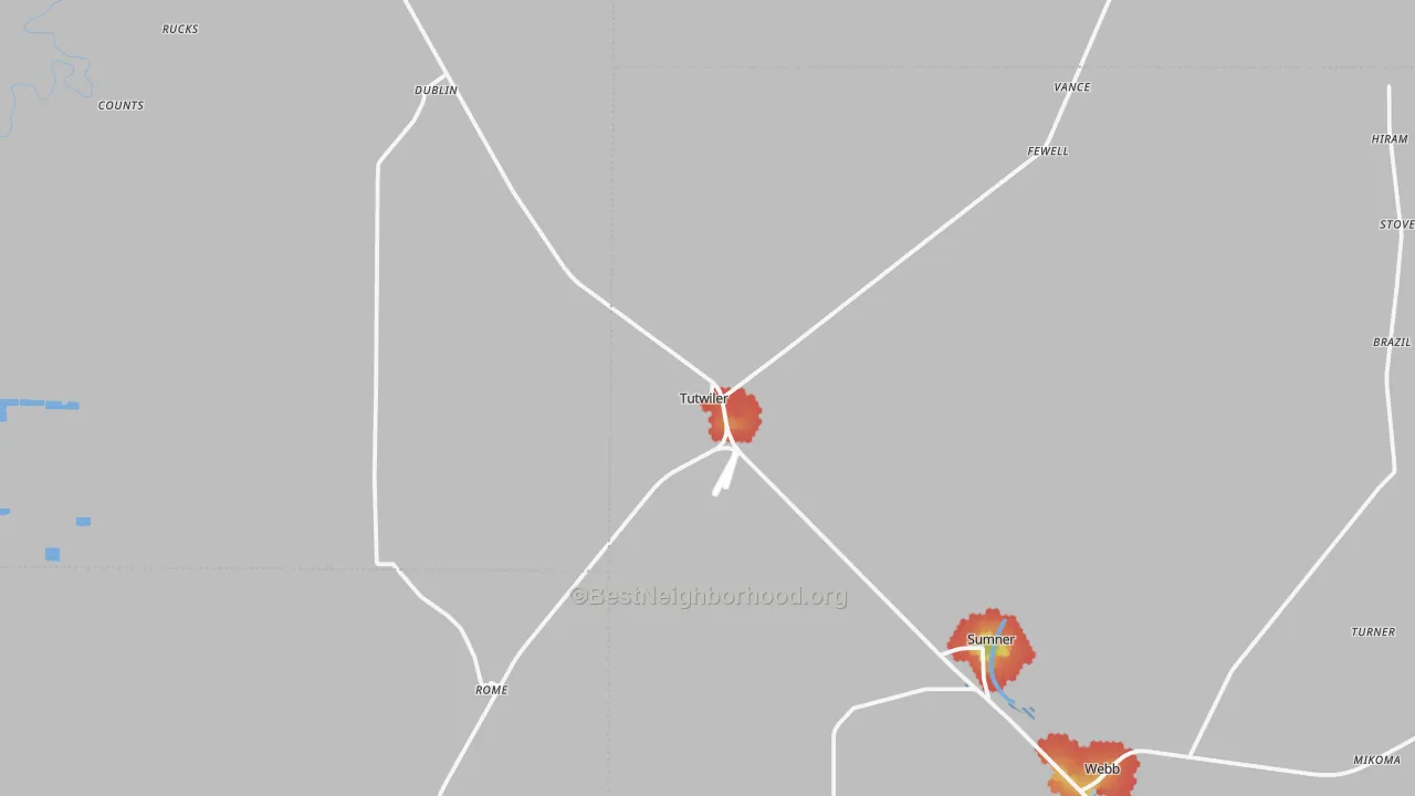 Walk Grade map of 38963, MS, walkable areas in green and car-dependent areas in red