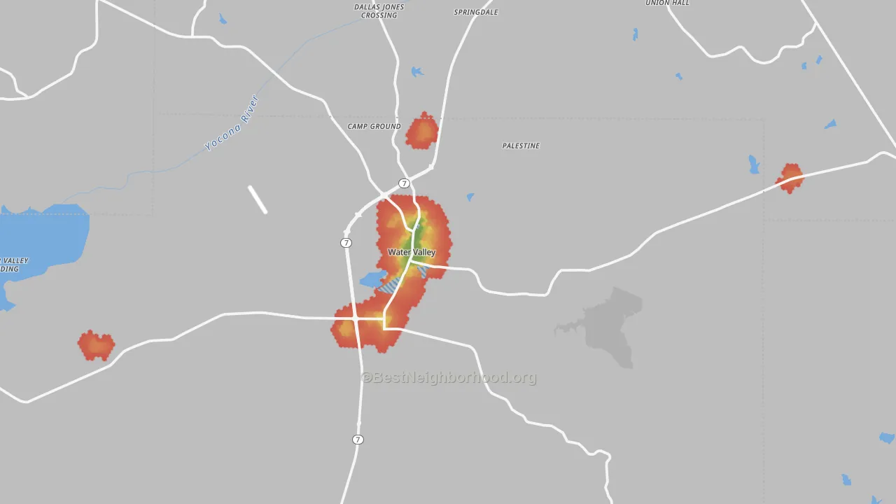 Walk Grade map of 38965, MS, walkable areas in green and car-dependent areas in red