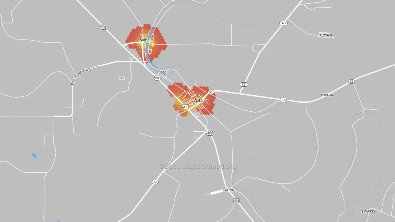 Walk Grade map of 38966, MS, walkable areas in green and car-dependent areas in red