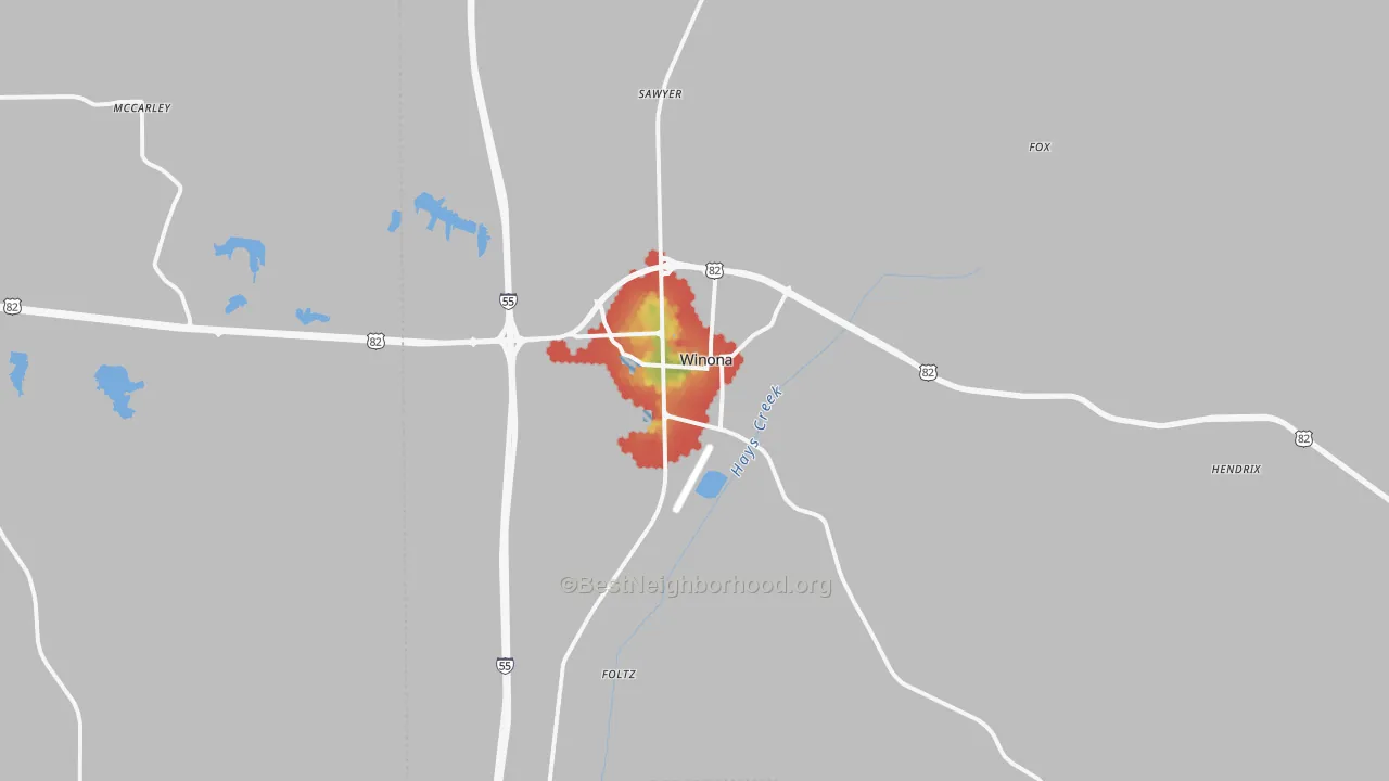 Walk Grade map of 38967, MS, walkable areas in green and car-dependent areas in red