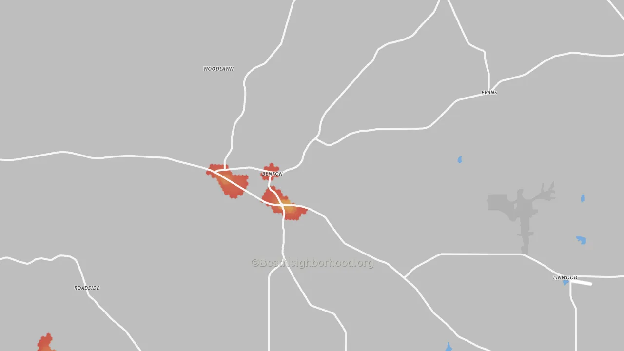 Walk Grade map of 39039, MS, walkable areas in green and car-dependent areas in red