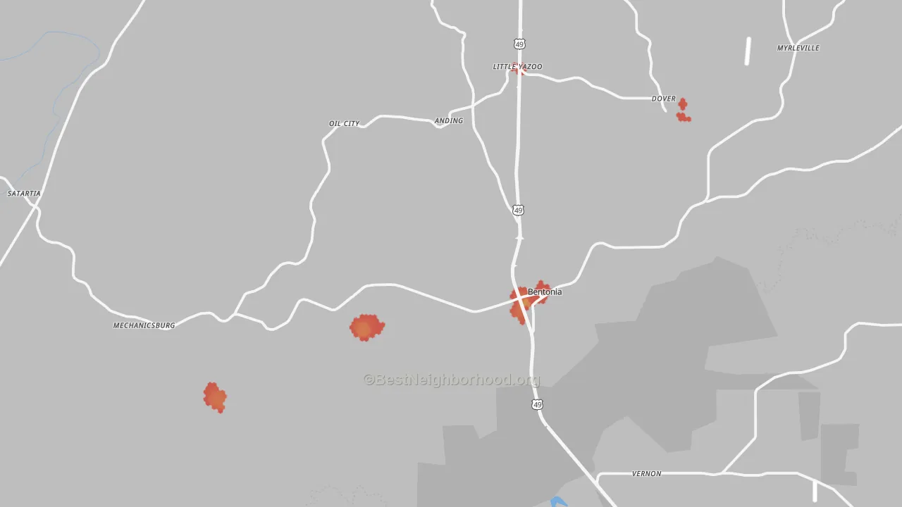 Walk Grade map of 39040, MS, walkable areas in green and car-dependent areas in red
