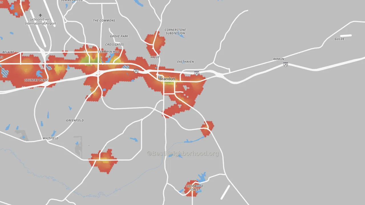 Walk Grade map of 39042, MS, walkable areas in green and car-dependent areas in red