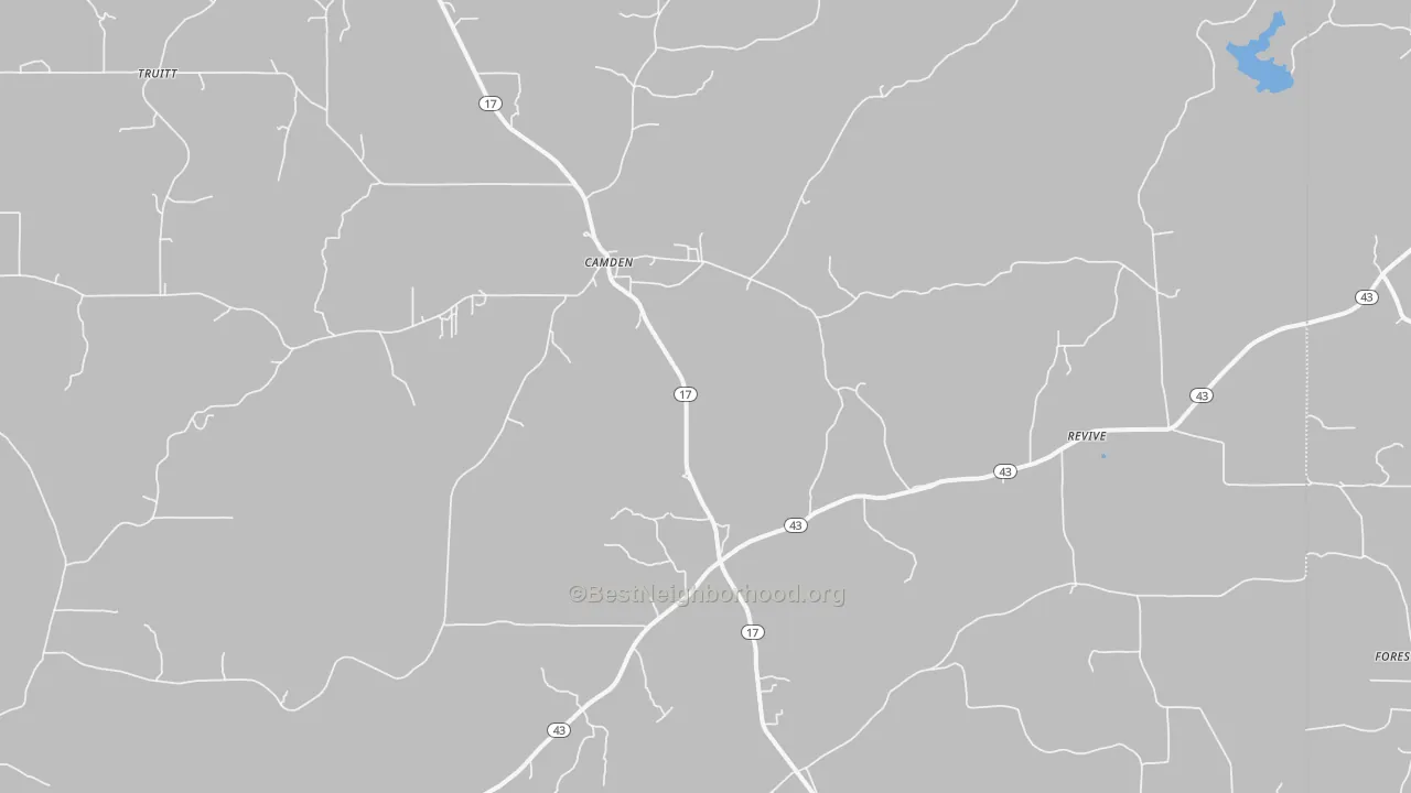 Walk Grade map of 39045, MS, walkable areas in green and car-dependent areas in red