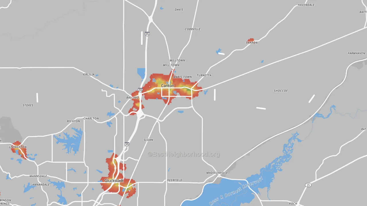 Walk Grade map of 39046, MS, walkable areas in green and car-dependent areas in red