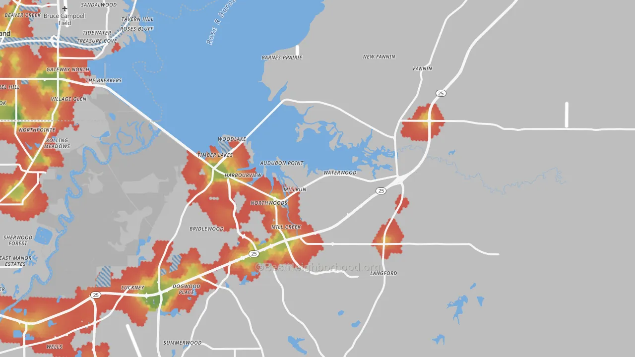 Walk Grade map of 39047, MS, walkable areas in green and car-dependent areas in red