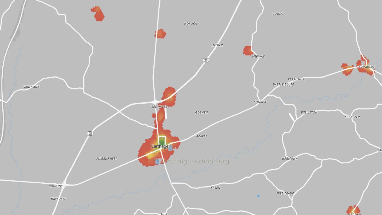 Walk Grade map of 39051, MS, walkable areas in green and car-dependent areas in red