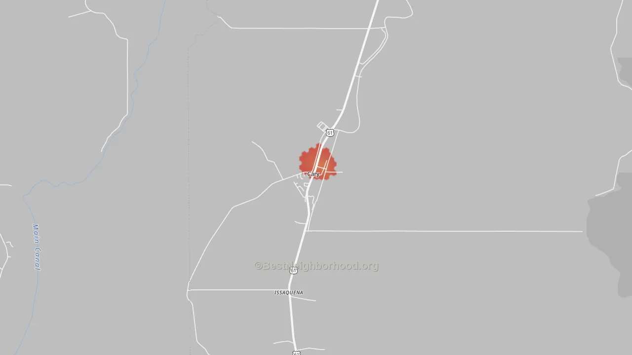 Walk Grade map of 39054, MS, walkable areas in green and car-dependent areas in red