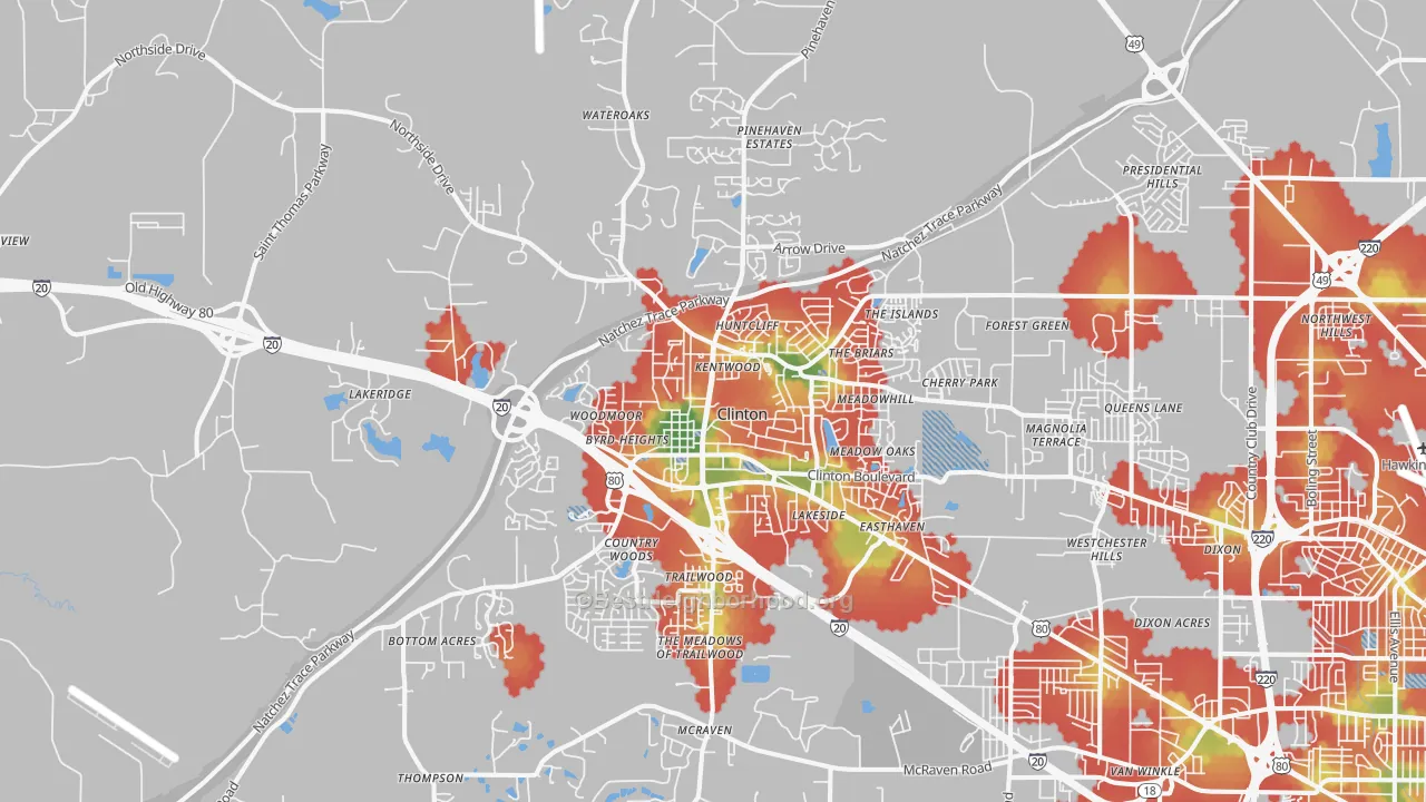Walk Grade map of 39056, MS, walkable areas in green and car-dependent areas in red