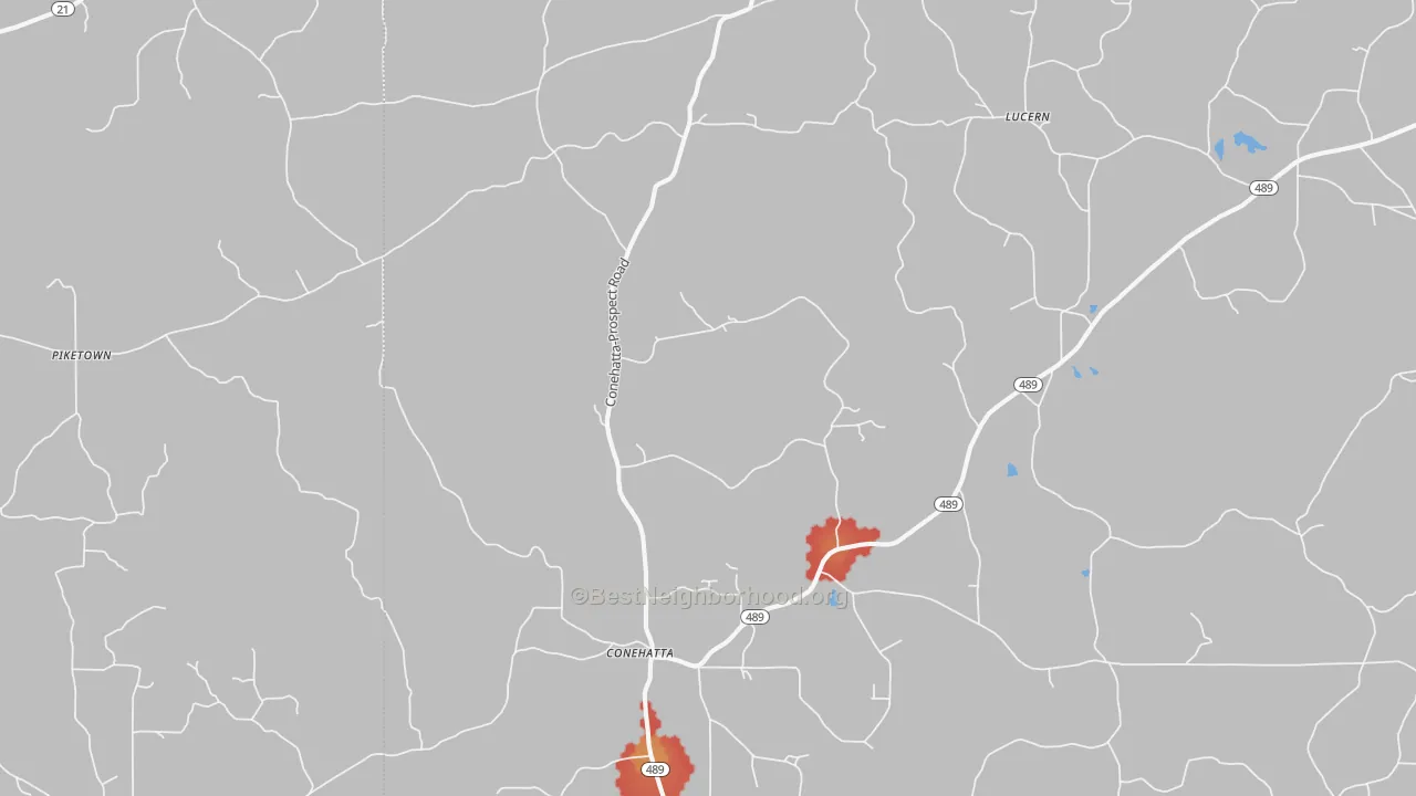 Walk Grade map of 39057, MS, walkable areas in green and car-dependent areas in red