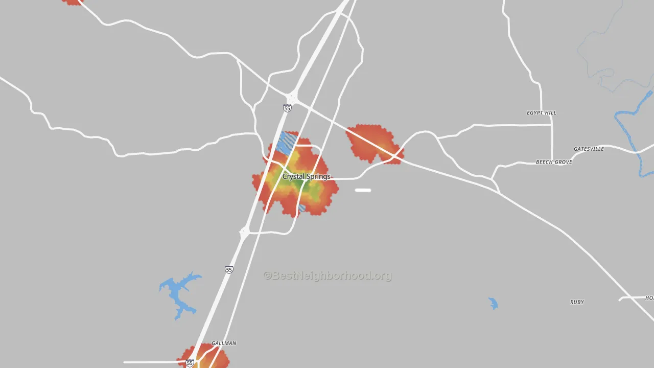 Walk Grade map of 39059, MS, walkable areas in green and car-dependent areas in red