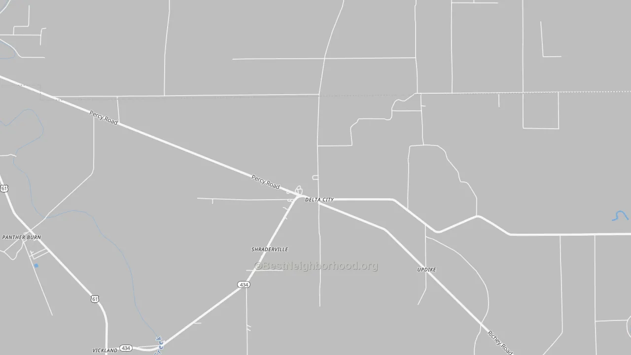 Walk Grade map of 39061, MS, walkable areas in green and car-dependent areas in red