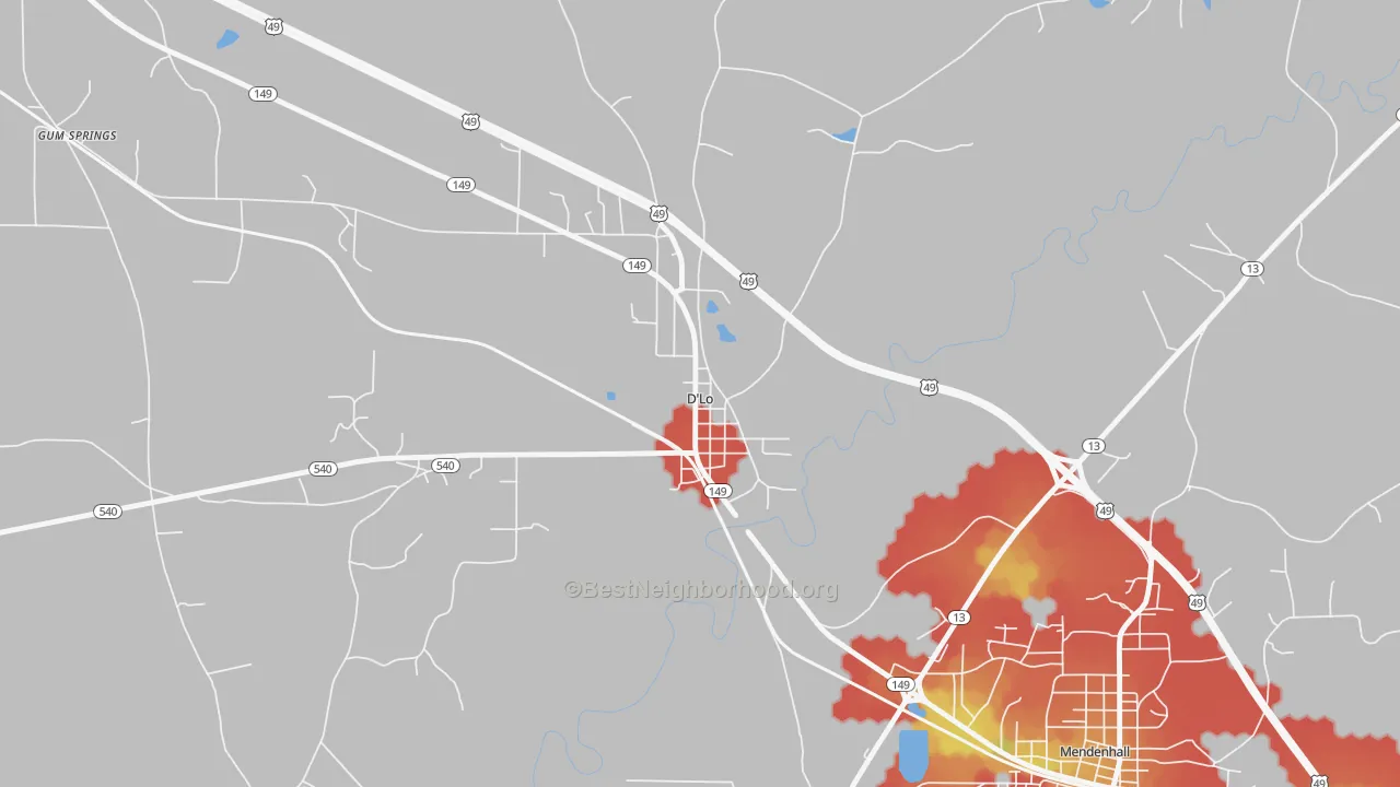 Walk Grade map of 39062, MS, walkable areas in green and car-dependent areas in red