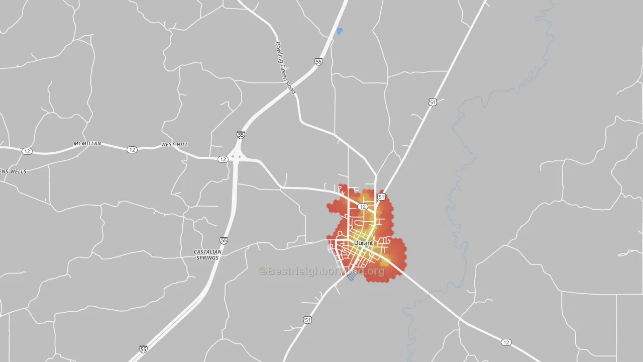 Walk Grade map of 39063, MS, walkable areas in green and car-dependent areas in red