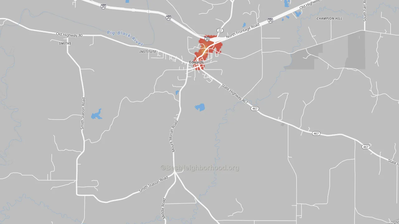 Walk Grade map of 39066, MS, walkable areas in green and car-dependent areas in red
