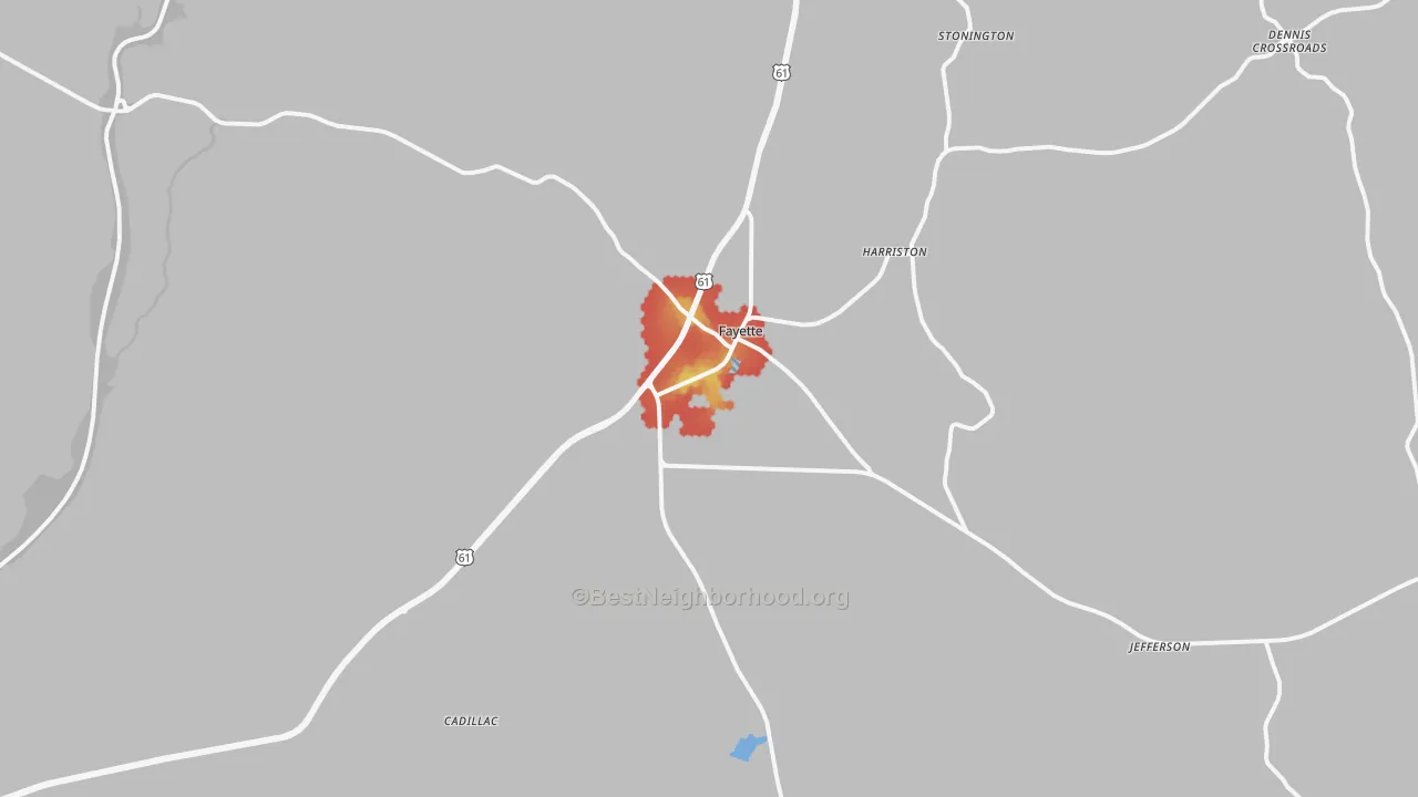 Walk Grade map of 39069, MS, walkable areas in green and car-dependent areas in red