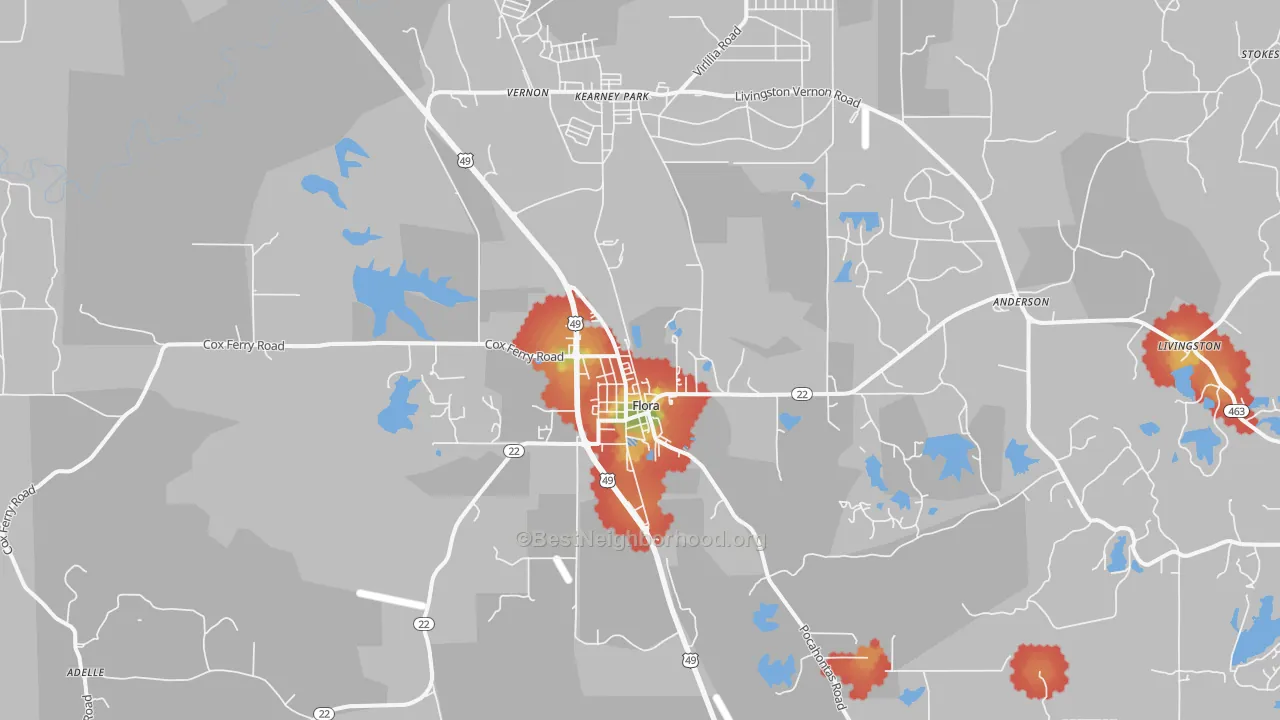 Walk Grade map of 39071, MS, walkable areas in green and car-dependent areas in red