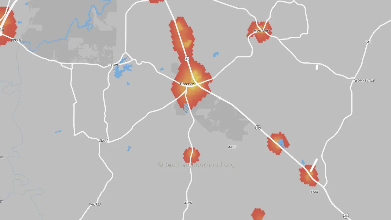 Walk Grade map of 39073, MS, walkable areas in green and car-dependent areas in red