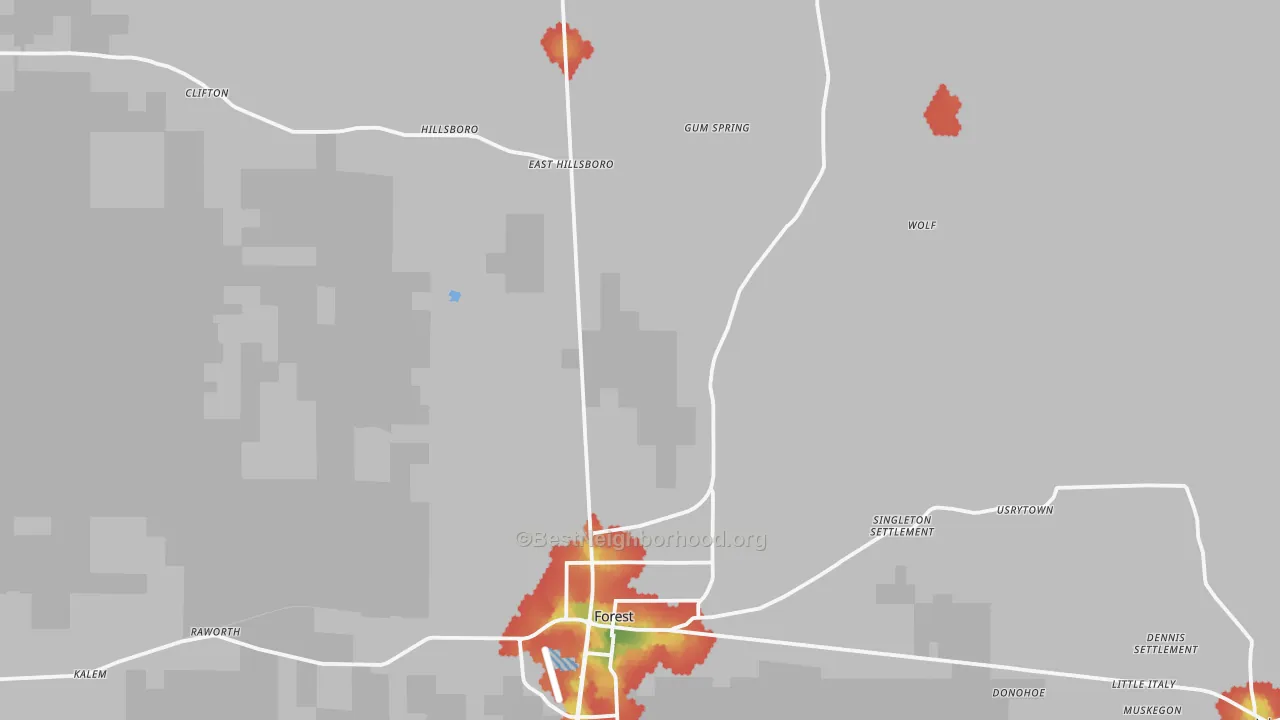Walk Grade map of 39074, MS, walkable areas in green and car-dependent areas in red