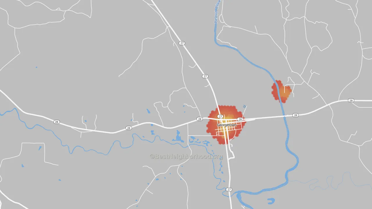 Walk Grade map of 39078, MS, walkable areas in green and car-dependent areas in red