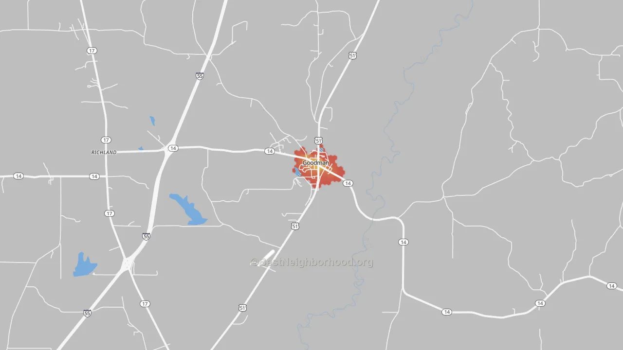 Walk Grade map of 39079, MS, walkable areas in green and car-dependent areas in red