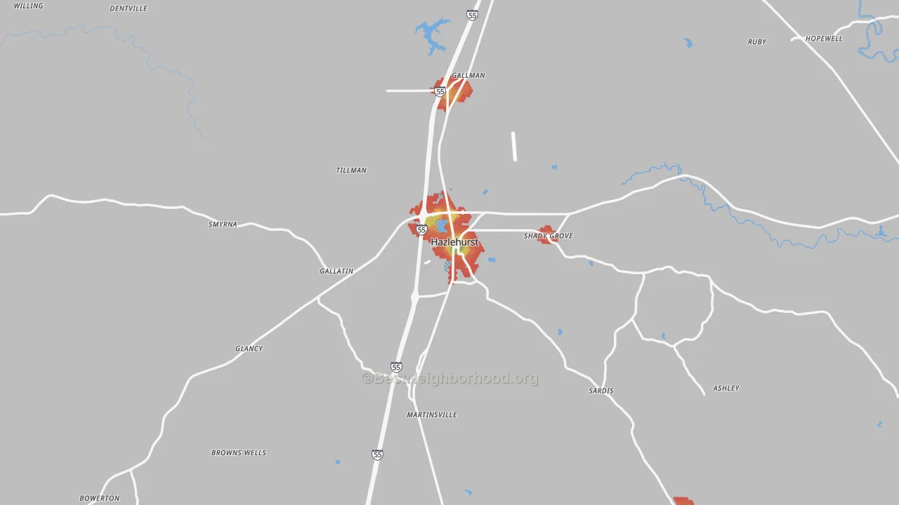 Walk Grade map of 39083, MS, walkable areas in green and car-dependent areas in red