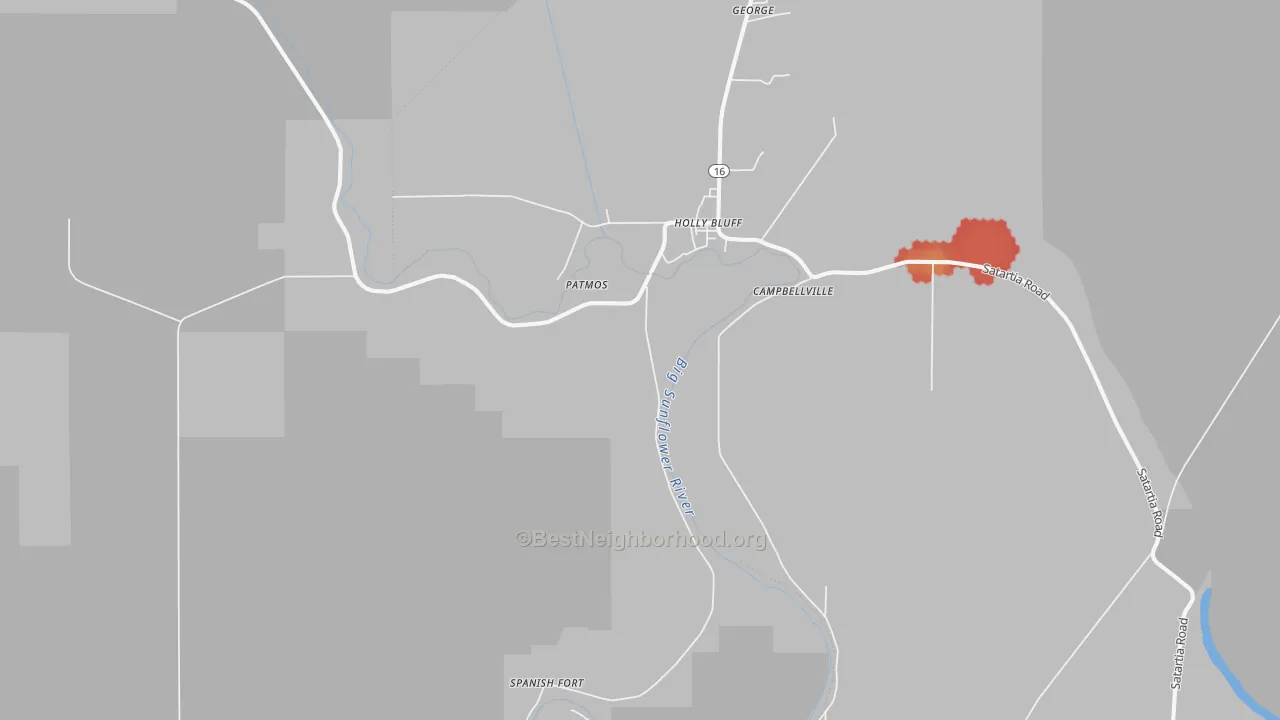 Walk Grade map of 39088, MS, walkable areas in green and car-dependent areas in red