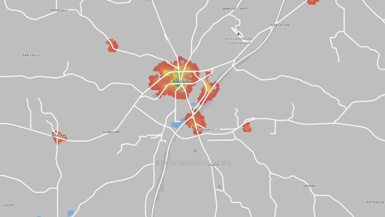 Walk Grade map of 39090, MS, walkable areas in green and car-dependent areas in red