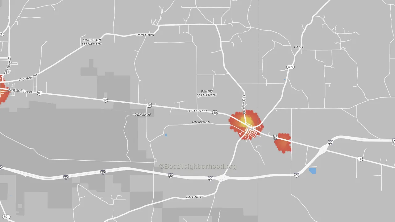 Walk Grade map of 39092, MS, walkable areas in green and car-dependent areas in red