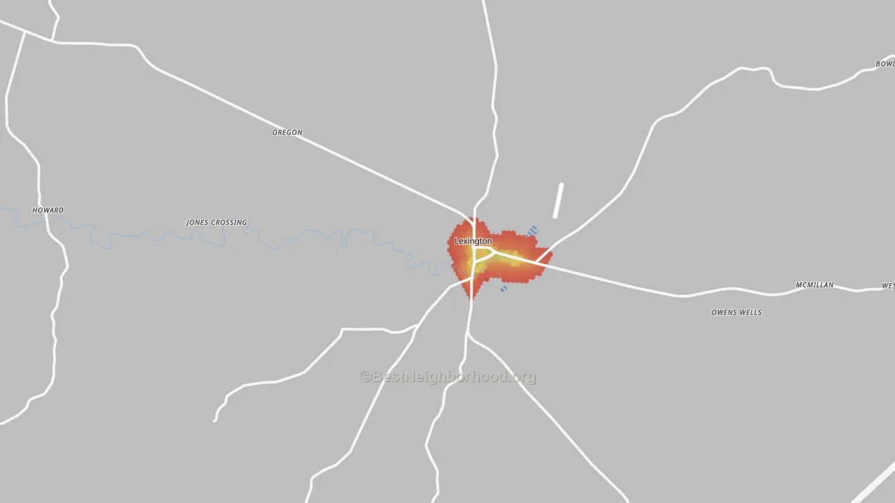 Walk Grade map of 39095, MS, walkable areas in green and car-dependent areas in red