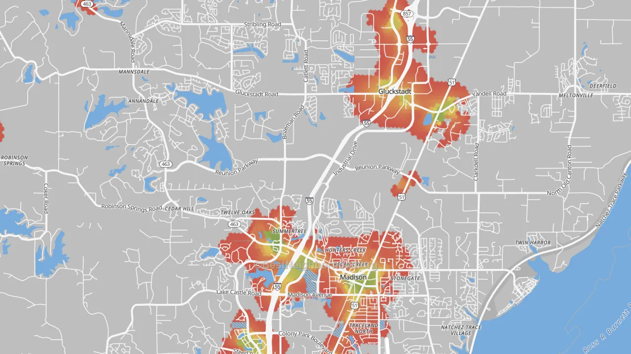 Walk Grade map of 39110, MS, walkable areas in green and car-dependent areas in red