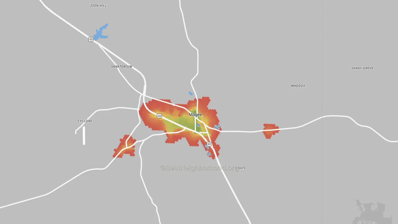 Walk Grade map of 39111, MS, walkable areas in green and car-dependent areas in red