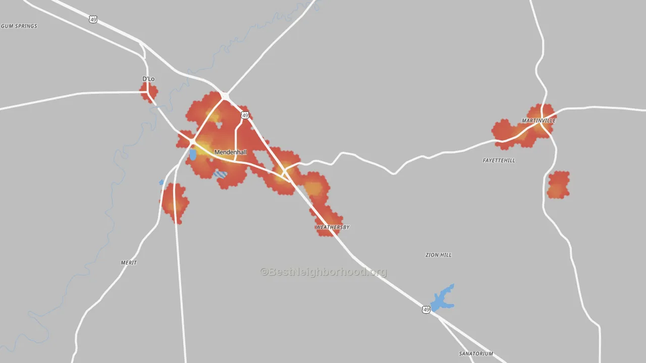 Walk Grade map of 39114, MS, walkable areas in green and car-dependent areas in red
