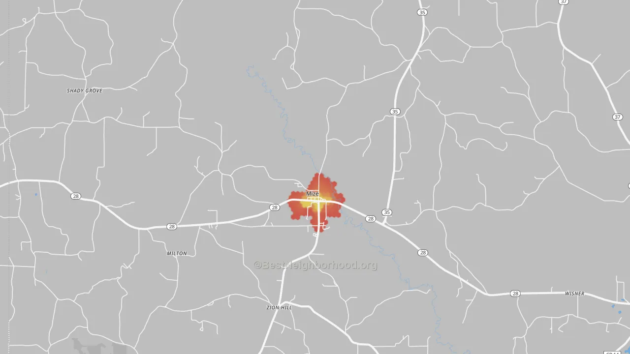 Walk Grade map of 39116, MS, walkable areas in green and car-dependent areas in red