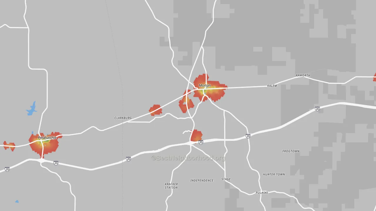 Walk Grade map of 39117, MS, walkable areas in green and car-dependent areas in red