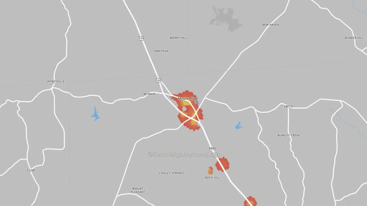 Walk Grade map of 39119, MS, walkable areas in green and car-dependent areas in red