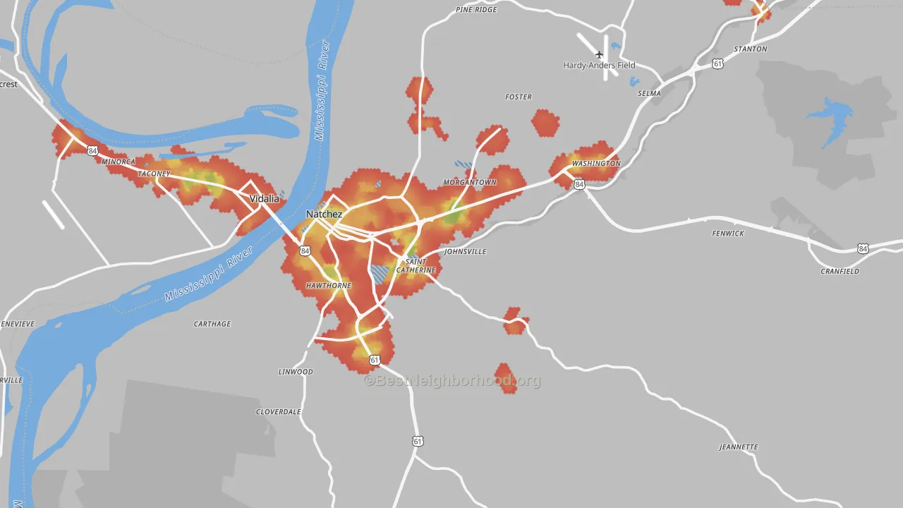 Walk Grade map of 39120, MS, walkable areas in green and car-dependent areas in red