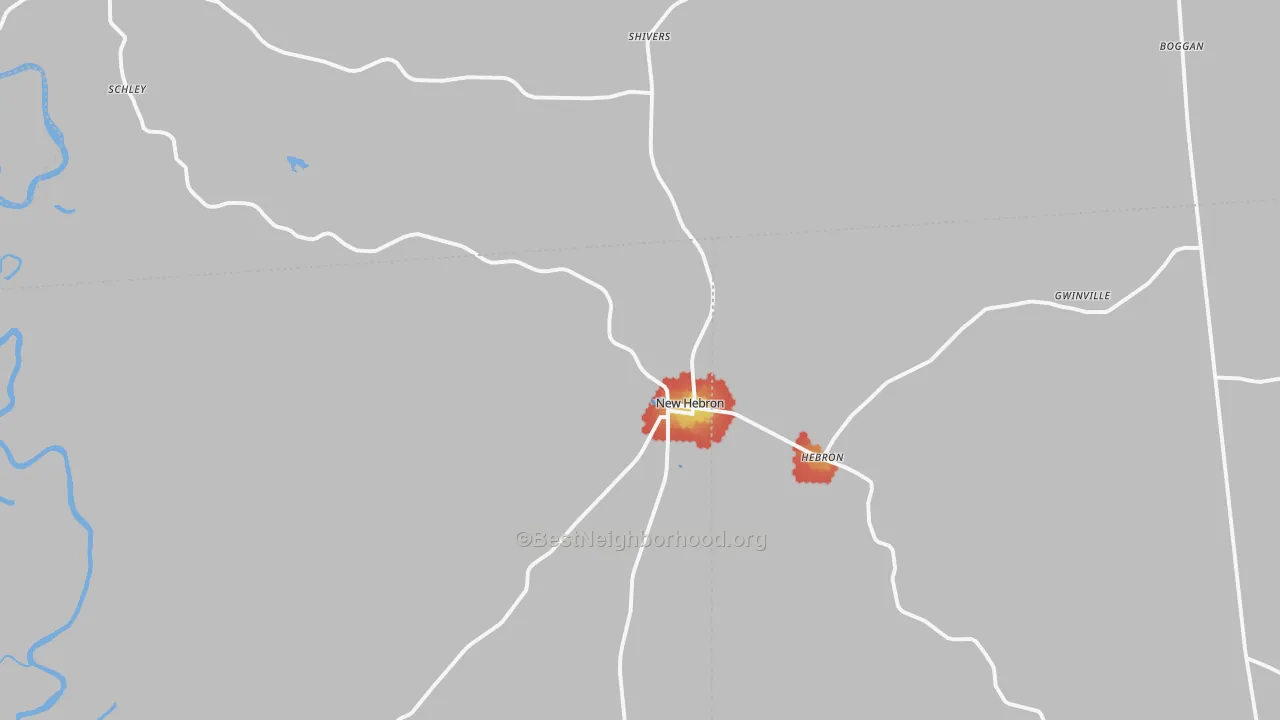 Walk Grade map of 39140, MS, walkable areas in green and car-dependent areas in red