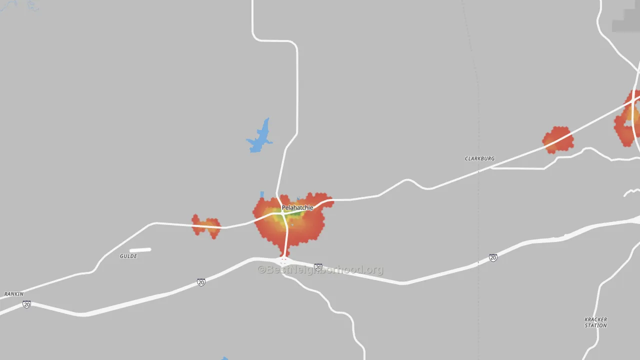 Walk Grade map of 39145, MS, walkable areas in green and car-dependent areas in red